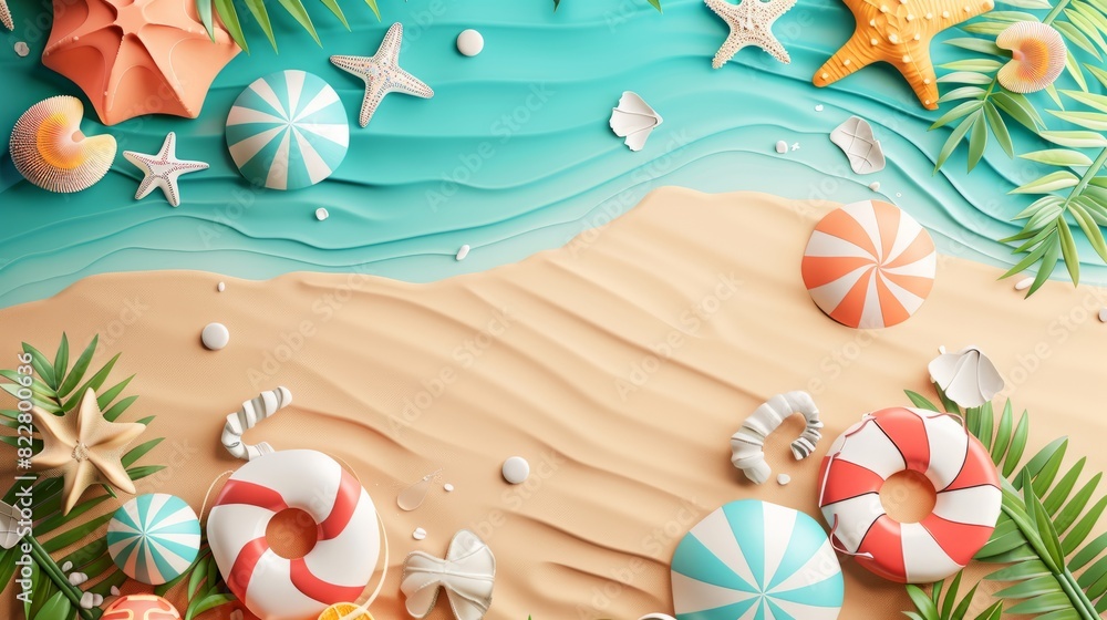 Fototapeta premium Summer holiday background. top view 3d beach clay style, copy space for your text.