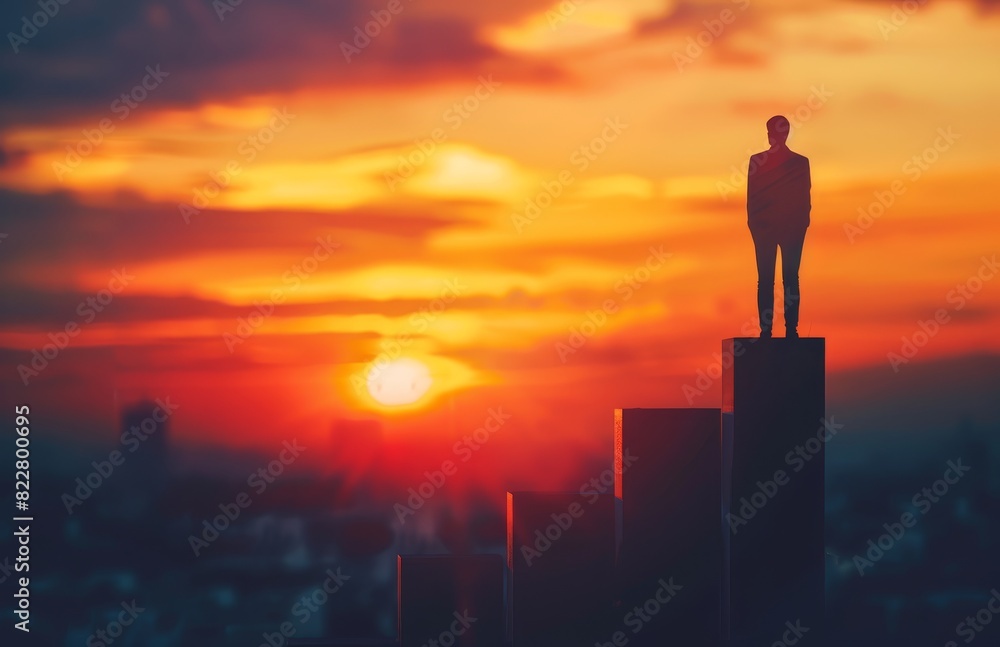 Silhouette of a businessman climbing a bar graph at sunset, representing the concept of business success. Silhouette of a businessman climbing a bar graph at sunset, representing the concept of business success.