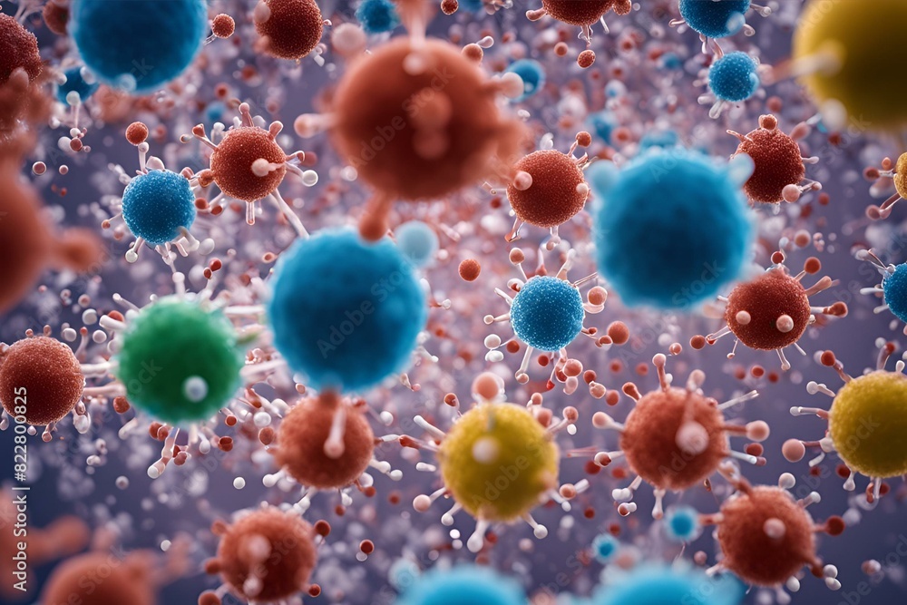 Nanoparticles for drug delivery, medication release, targeted therapy, liquid medium, colorful particles, cellular interaction, advanced medical technology Nanoparticles for drug delivery, medication release, targeted therapy, liquid medium, colorful particles, cellular interaction, advanced medical technology