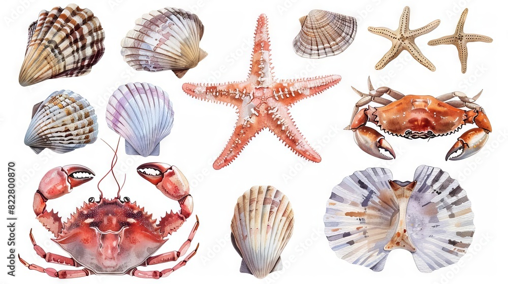 seashells starfish and crabs on white background hand drawn watercolor illustration marine life collection seashells starfish and crabs on white background hand drawn watercolor illustration marine life collection