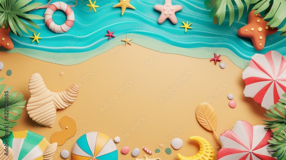 Summer holiday background. top view 3d beach clay style, copy space for your text. Summer holiday background. top view 3d beach clay style, copy space for your text.