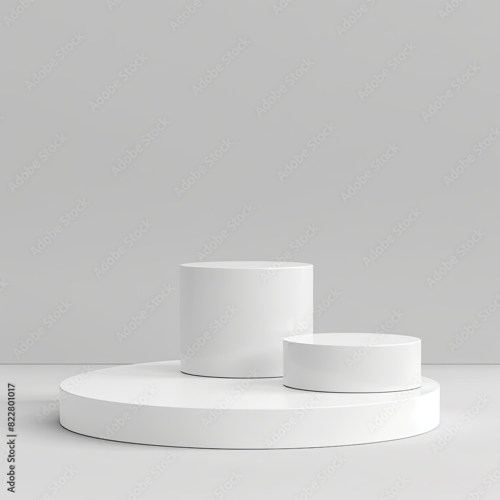 White background featuring clean design white podiums and minimalistic 3D models White background featuring clean design white podiums and minimalistic 3D models