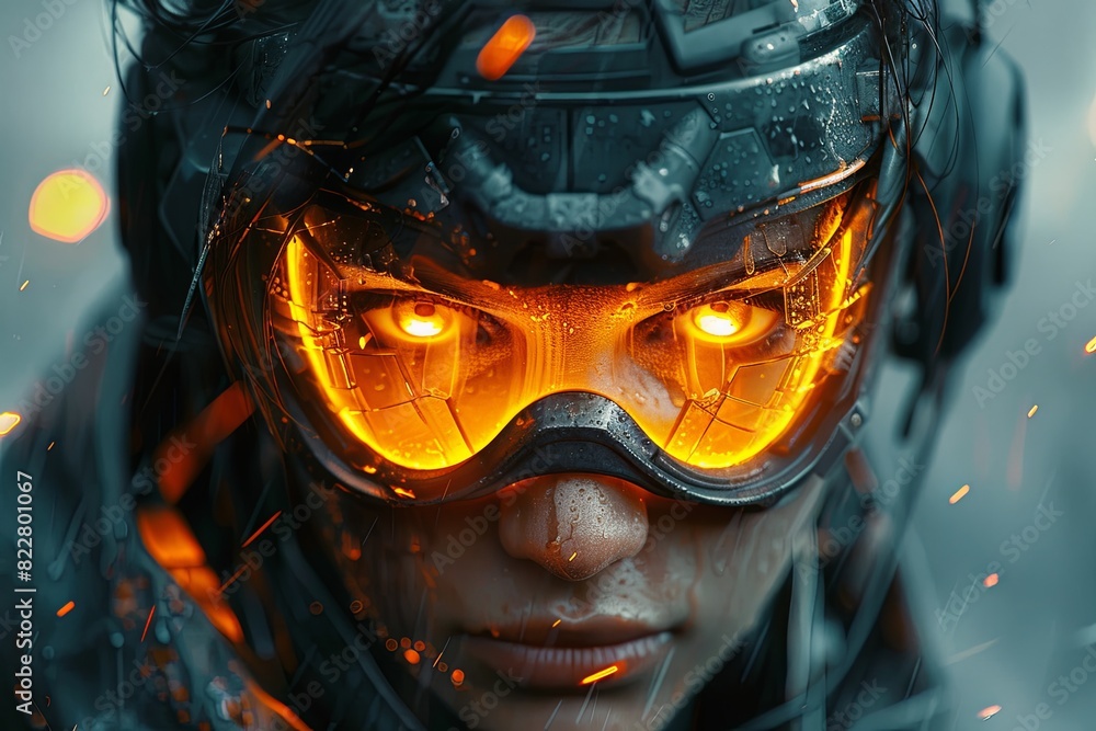 Shattered Scifi Boy with Glowing Visor in Cyberpunk Cityscape Shattered Scifi Boy with Glowing Visor in Cyberpunk Cityscape