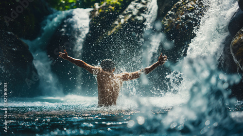 a young man was swimming near the waterfall photo