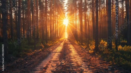 serene forest road at sunset with sunbeams landscape photography