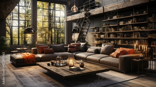 A cozy living room with a large sectional sofa, coffee table, and bookshelves.