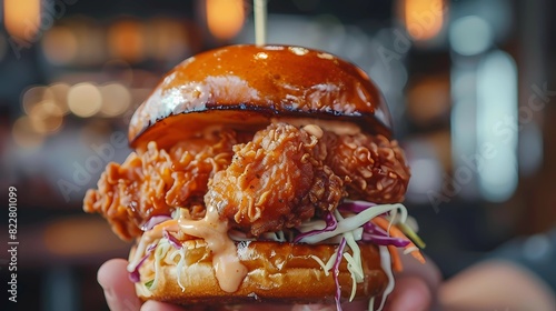 A close-up of a chicken burger held in a hand, features a soft, shiny bun, filled with crispy, golden-brown fried chicken pieces, Generative AI illustrations. 