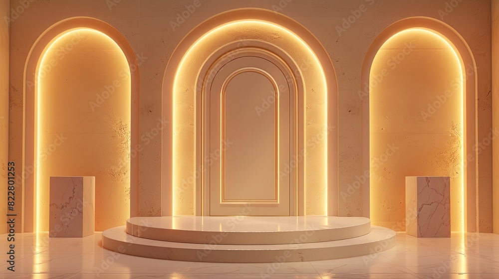 Elegant 3D scene featuring arched door pedestals in soft light Elegant 3D scene featuring arched door pedestals in soft light