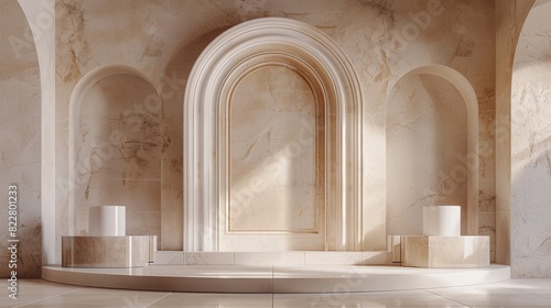 Elegant 3D scene with arched door pedestals Soft light