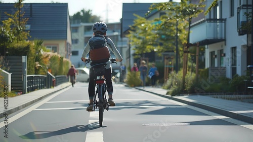 A traffic road at the entrance of a primary school campus, featuring a childrens was riding bike with wearing a helmet, Generative AI illustrations. 