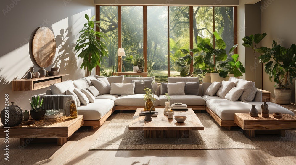 Fototapeta premium Bright and airy living room with large windows, comfortable seating, and stylish decor. Perfect for relaxing or entertaining guests.