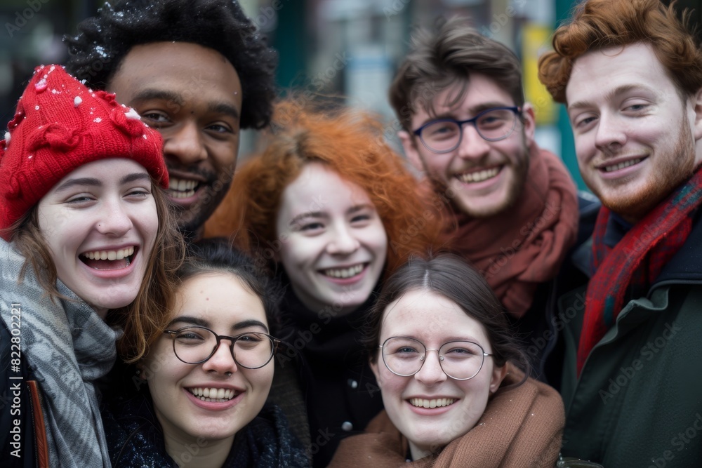 Group of friends having fun on the street, smiling and looking at camera Group of friends having fun on the street, smiling and looking at camera