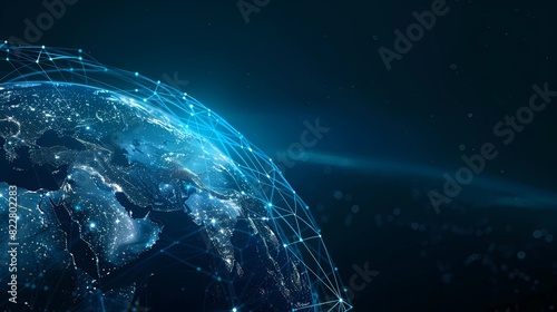 Abstract digital blue earth with global network and connectivity concept made of glowing lines, blue tones, dark blue gradient background, Generative AI illustrations.  © jbstocks