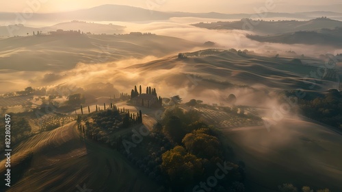 Aerial view of foggy rolling hills in Tuscany, sunrise, cinematic, Generative AI illustrations. 