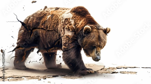 bear turning into a bull monster weathering, cracking under the ages, white background, Generative AI illustrations.