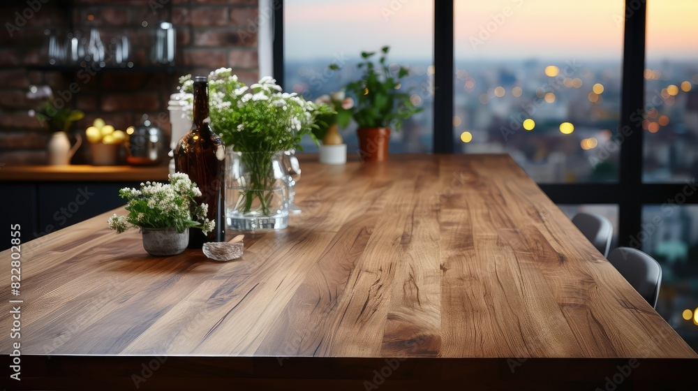 Rustic wooden table with flowers in glass vases in the modern kitchen with brick wall and big windows in the background.