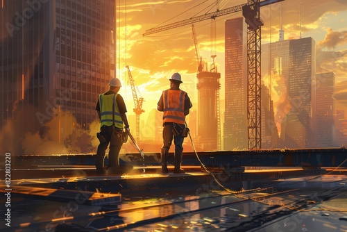 Two construction workers wearing safety helmets and reflective vests stand on the ground of a steel structure building site
