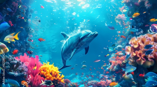 a painting of dolphins swimming in an underwater world,  Generartive AI illustrations. photo