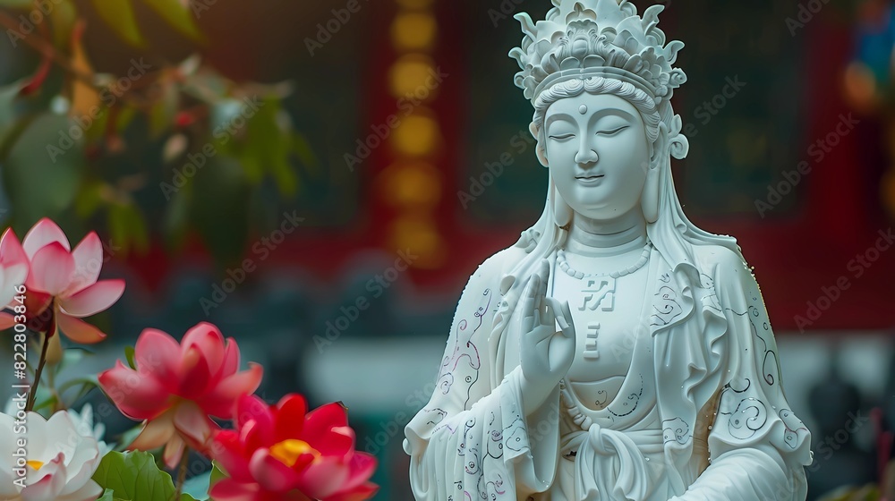 a statue of buddha with flowers in the background, Generative AI illustrations.