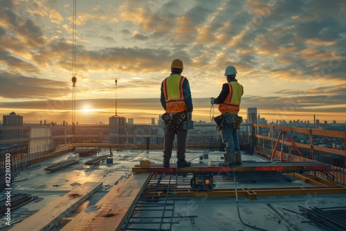 Two construction workers wearing safety helmets and reflective vests stand on the ground of a steel structure building site