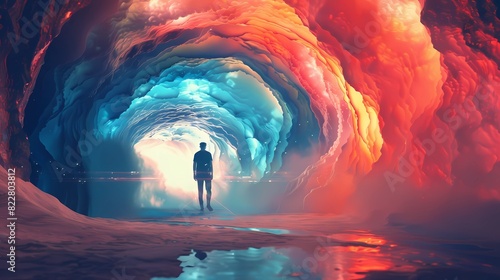 a man standing in a tunnel that has a rainbow in the middle, Generative AI illustrations.