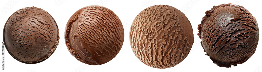 Set of chocolate ice cream ball isolated top view transparent background Set of chocolate ice cream ball isolated top view transparent background
