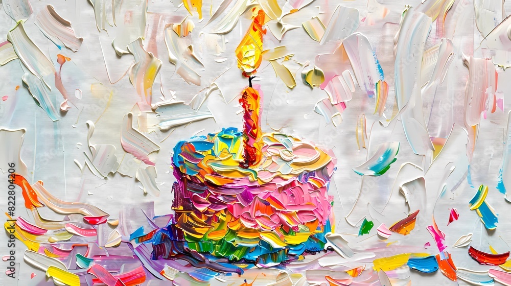 Obraz premium a painting of a cake with a lit candle, Generative AI illustrations.