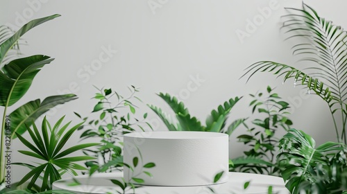 Perfect for product display minimalist e-commerce setting with white podium background and lush green plants