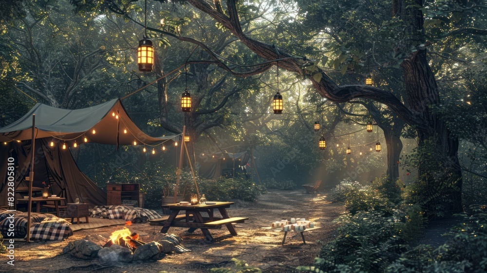 Obraz premium A stone barbecue pit is the center of a rustic campsite in a dense forest, with campers around it.