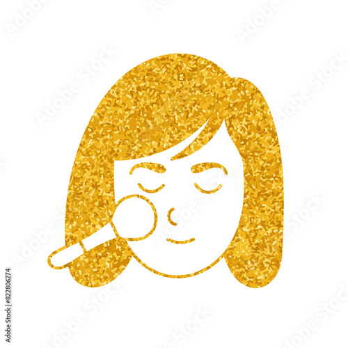 Women face and make up cosmetic brush drawing in gold color style