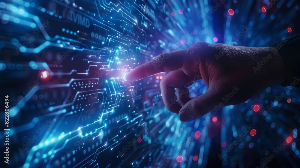 Digital technology, internet network connection concept. Finger touching on virtual screen with futuristic technology background, data exchange, digital transformation Digital technology, internet network connection concept. Finger touching on virtual screen with futuristic technology background, data exchange, digital transformation