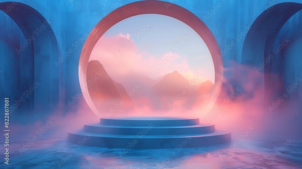 3D shapes forming an abstract archway around a podium, with gentle fog adding depth and focus to the product presentation. Illustration image,