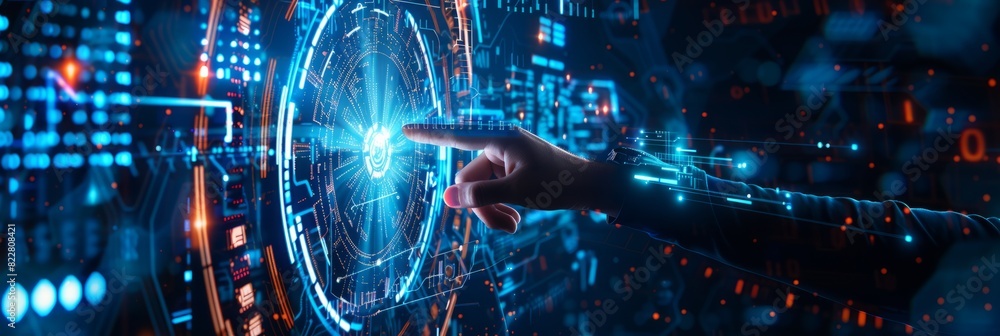 Digital technology, internet network connection concept. Finger touching on virtual screen with futuristic technology background, data exchange, digital transformation