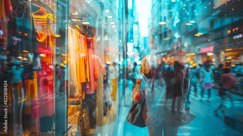 Blurred motion of a busy city street with vibrant shop windows and people passing by, creating a dynamic urban atmosphere. photo