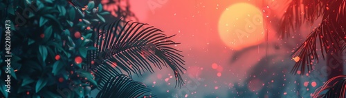 Colorful sunset in a tropical jungle, with palm leaves and vibrant sky, creating a serene and exotic environment.