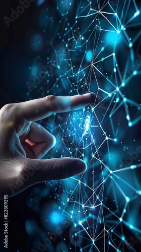 Digital technology, internet network connection concept. Finger touching on virtual screen with futuristic technology background, data exchange, digital transformation