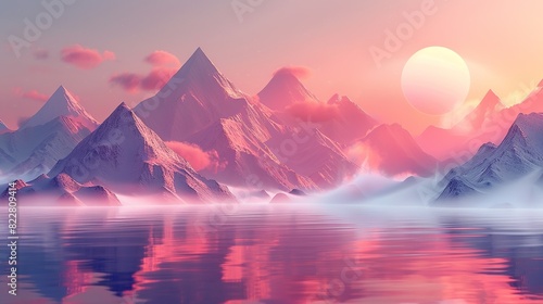 Dynamic arrangement of 3D shapes like pyramids and spheres, creating a visually appealing stage with fog enhancing the atmosphere. Illustration image, photo