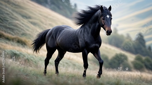 Hillside Harmony  Black Horse Trotting in the Meadow