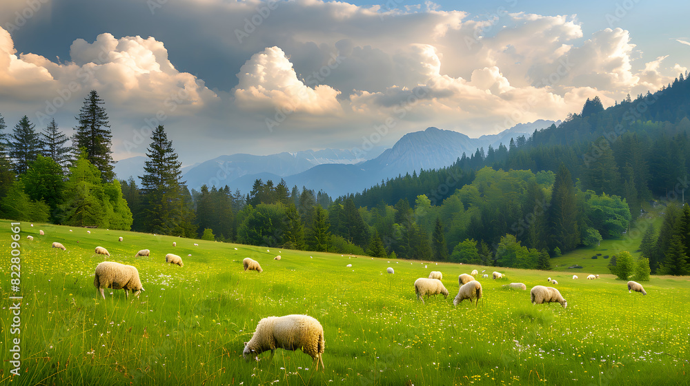 Idyllic pastoral scene with grazing sheep in lush green meadow