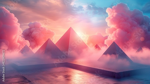 Geometric shapes like pyramids and spheres creating a dynamic stage  with fog adding a soft  ethereal touch to the presentation. Illustration image 