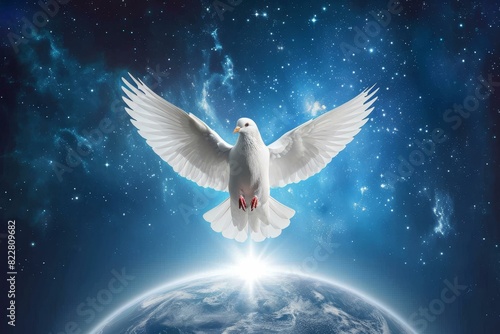 White dove spreads wings over Earth globe engulfed in bright light.