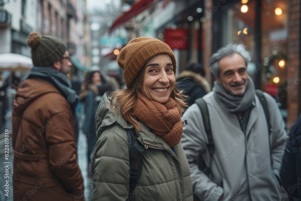 Portrait of a smiling young woman in a hat and scarf standing on a city street. Portrait of a smiling young woman in a hat and scarf standing on a city street.
