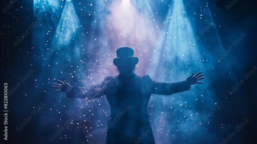 A magician performing an astonishing illusion on a brightly lit stage, A magician performing an astonishing illusion on a brightly lit stage,