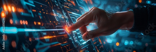 Digital technology, internet network connection concept. Finger touching on virtual screen with futuristic technology background, data exchange, digital transformation