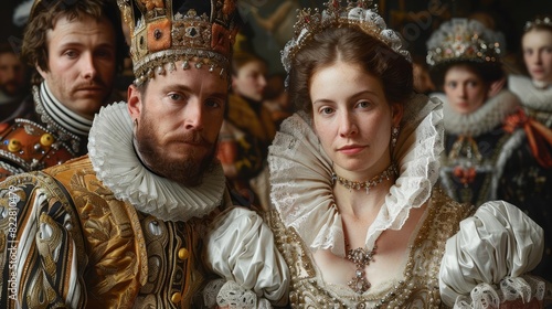 A nobleman and noblewoman dressed in elaborate Renaissance clothing, attending a masquerade ball,