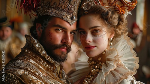 A nobleman and noblewoman dressed in elaborate Renaissance clothing, attending a masquerade ball,