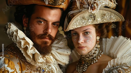 A nobleman and noblewoman dressed in elaborate Renaissance clothing, attending a masquerade ball,