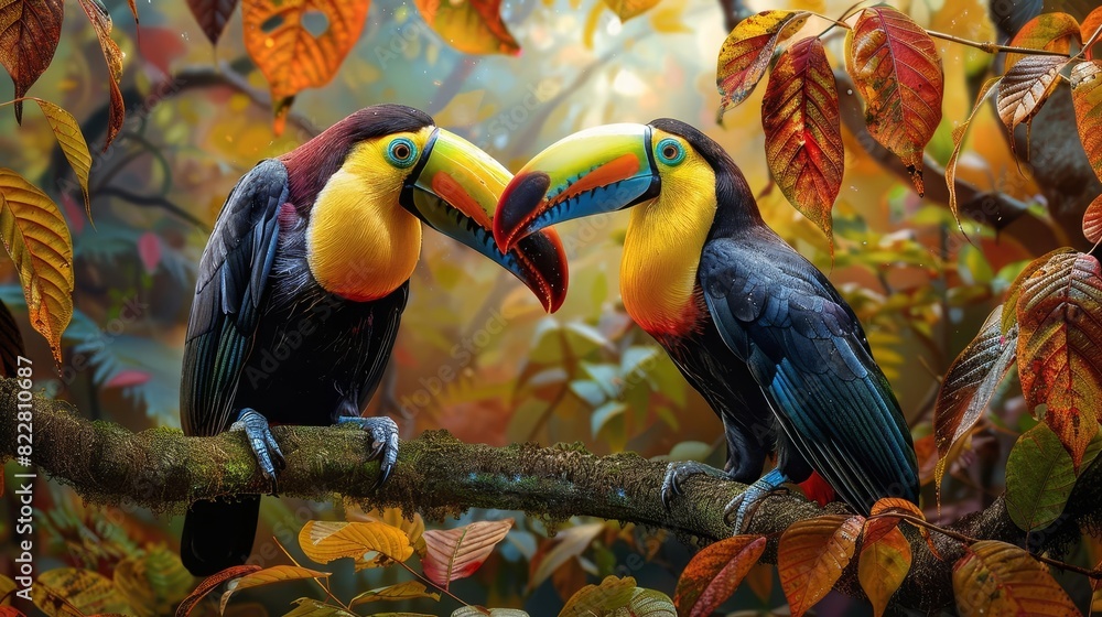 Fototapeta premium A pair of toucans with their vibrant beaks perched on a rainforest branch,