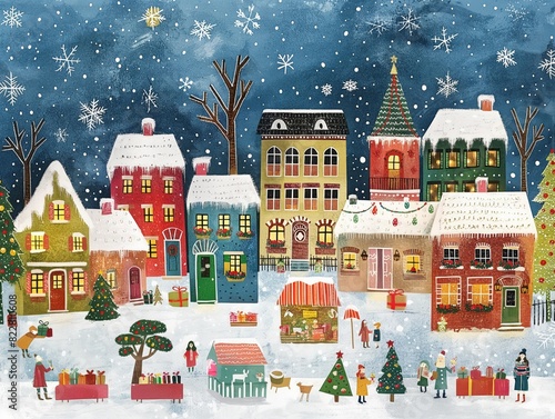 Obraz na płótnie A painting of a small town with houses and a Christmas tree. The mood of the painting is festive and cheerful w salonie