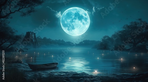 Mystical landscape with full moon reflecting on a tranquil lake, surrounded by trees and a boat in the foreground